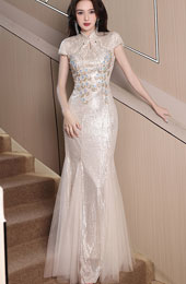 Sequined Beaded Phoenix Fishtail Qipao Cheongsam Dress