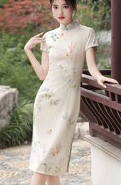 Beige Floral Print Midi Cheongsam Qipao Dress