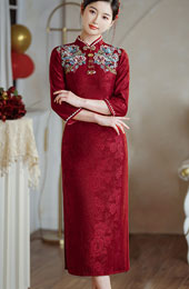 Red Jacquard Embroidered Winter Bride Wedding Cheongsam Qipao Dress