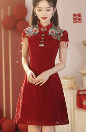 Red Embroidered Lace A-Line Bride Wedding Qipao Cheongsam Dress