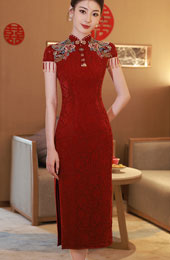 Red Lace Embroidered Bride Wedding Cheongsam Qipao Dress