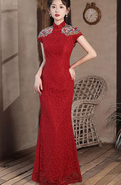 Red Lace Embroidered Fishtail Bride Wedding Cheongsam Qipao Dress