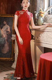 Burgundy Lace Appliques Fishtail Bride Wedding Cheongsam Dress