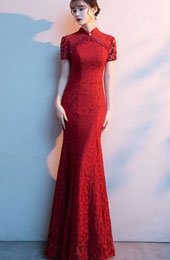 Red Lace Tassels Fishtail Bride Wedding Cheongsam Dress