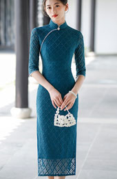 2024 Lake Blue Plaid Lace Qipao Cheongsam Dress