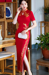 Black Red Mothers Appliques Maxi Qipao Cheongsam Dress