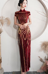 Red Sequined Velvet Mothers Maxi Cheongsam Qipao Dress