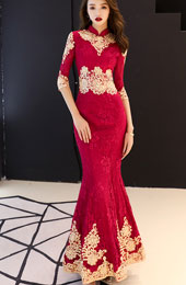 Red Lace Appliques Fishtail Wedding Cheongsam Dress