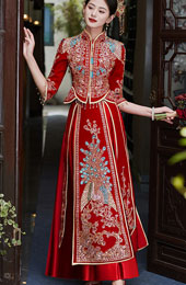 Red Sequins Beaded Phoenix Velvet Wedding Bride Qun Kwa Xiuhe