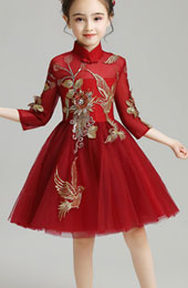 Burgundy Appliques Kid Flower Girls Tulle Cheongsam Dress