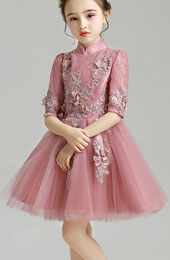 Burgundy Pink Appliques Kid Flower Girls Tulle Cheongsam Dress