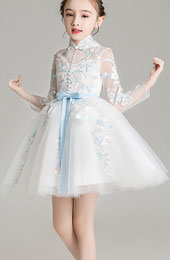 White Embroidered Girls Tulle Wedding Birthday Cheongsam Dress