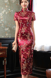 Jacquard Dragon Phoenix Thigh Split Cheongsam Qipao Dress