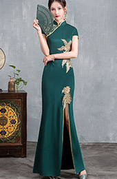 Olive Green Beaded Split Front Long Qipao / Cheongsam Dress