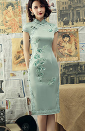 Green Embroidered Mid Qipao / Cheongsam Dress with Lace Trim