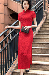 Red Lace Long Split Qipao / Cheongsam Dress with Beads