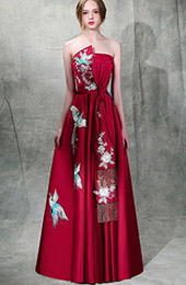 Burgundy Embroidered Maxi Strapless A-Line Evening Dress