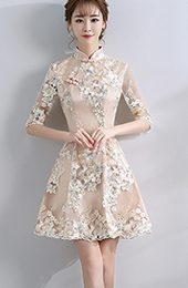 Embroidered A-line Qipao Cheongsam Dress with Half Sleeve