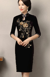 Beaded Velvet Midi Qipao Cheongsam Dress