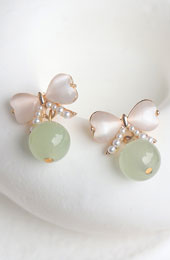 Glaze Jade Pearls Bow Dangle Earrings