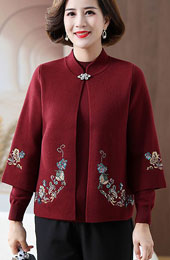 Red Beige Embroidered Knit Women Mothers Sweater Jacket Top