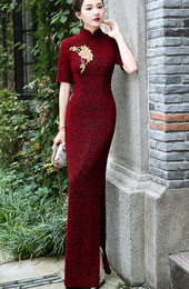 Burgundy Embroidered Stretchy Bodycon Mothers Cheongsam Dress