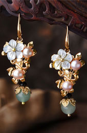 Vintage Pearls Jade Flower Drop Dangle Earrings