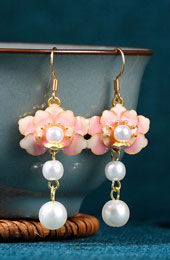 Pink Blue Vintage Pearls Lotus Drop Dangle Earrings