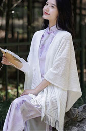 White Beige Knit Tassels Cheongsam Wrap Shawl