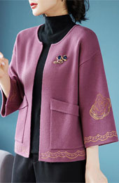 Embroidered Floral Women Knit Pockets Cardigan Jacket