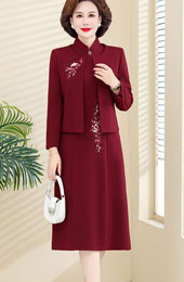 2 Pieces Winter Red Mothers Embroidered Cheongsam Qipao Dress & Jacket