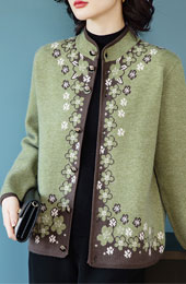 Green Floral Women Knit Buttons Cardigan Jacket