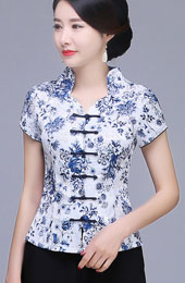Blue White Floral Buttons Qipao Cheongsam Blouse Top