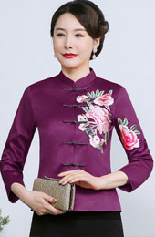 Purple Embroidered Floral Woman Qipao Cheongsam Jacket