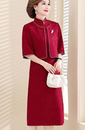 2 Pieces Red Mothers Jacquard Cheongsam Qipao Dress & Jacket