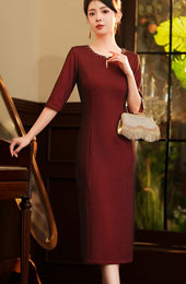 Burgundy Mothers Round Neck Midi Winter Qipao Cheongsam Dress