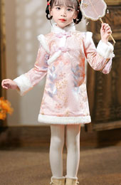 Pink Red Baby Girls Floral Winter Qipao Cheongsam Dress