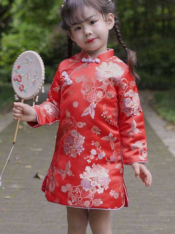 Pink Red Kid Girls Jacquard Floral Qipao Cheongsam Dress