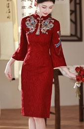 Burgundy Bell Sleeve Wedding Bride Cheongsam Qipao Dress