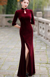 Velvet Red Purple Thigh Split Fishtail Qipao Cheongsam Dress