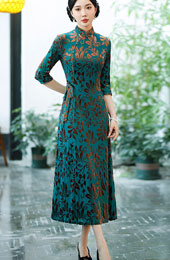 Blue Floral Velvet Belt Mothers A-Line Cheongsam Qipao Dress