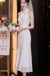 White Red Lace Midi Fishtail Bride Wedding Cheongsam Dress