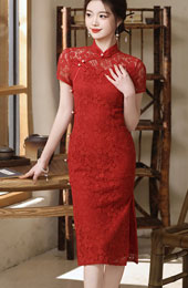 Red Floral Lace Midi Wedding Cheongsam Qipao Dress