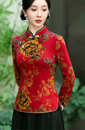 Mothers Floral Print Winter Cheongsam Blouse Top