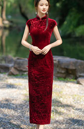 Red Blue Velvet Mothers Maxi Cheongsam Qipao Dress