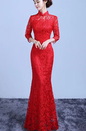 Red Lace Fishtail Bride Wedding Cheongsam Dress