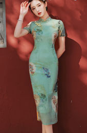 2024 Green Floral Linen Cheongsam Qipao Dress