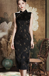 2024 Black Bronzing Bamboo Print Cheongsam Qipao Dress