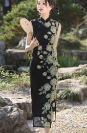 Black Color-blocking Floral Cheongsam Qipao Dress