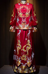 Red Embroidered Dragon Man Wedding Qun Kwa Jacket & Skirt